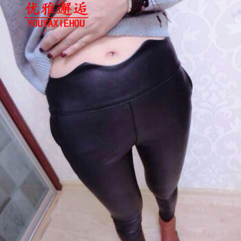 优雅邂逅2015秋冬款 波浪边高腰PU小脚裤百搭显瘦加绒仿皮裤铅笔 黑色 M