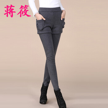 蒋筱2015女装打底裤秋冬新款时尚修身加绒保暖大码紧身弹力包臀小脚裤假两件下装 6377 深灰色 XL