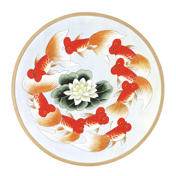 九鱼图装饰画客厅挂画玄关风水画新中式实木圆形餐厅壁画有框 时来