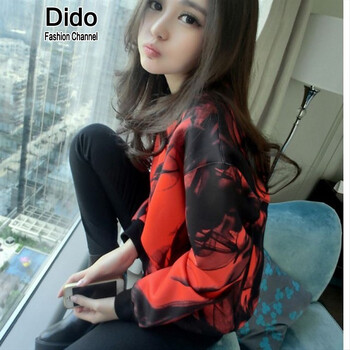Dido2016春秋季新款水墨卫衣女春红色圆领长袖3d印花套头绒衫上衣 图片色 S