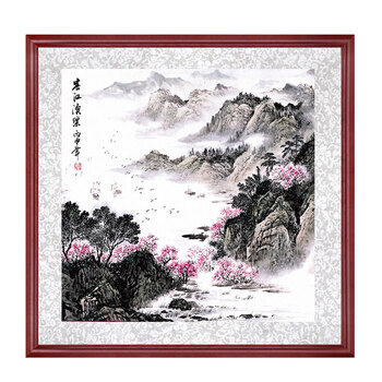 国画山水画客厅装饰画中式字画斗方带框水墨画风水画旭日东升 春江渔