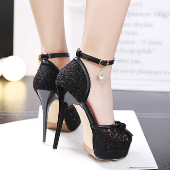 珂梵图2018春夏季鱼嘴百搭细跟12cm性感防水台一字扣带超高跟蕾丝凉鞋