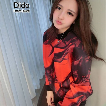 Dido2016春秋季新款水墨卫衣女春红色圆领长袖3d印花套头绒衫上衣 图片色 S