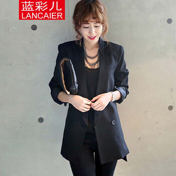 蓝彩儿 新款2015秋冬季修身长袖中长款女小西装外套韩版大码小西服潮 黑色 M