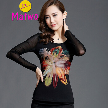 Matwo 新款小衫2015秋装修身显瘦印花大码雪纺衫长袖镶钻网纱打底衫 黑色 3XL