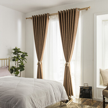 定制全遮光棉麻纯色亚麻窗帘成品落地窗飘窗客厅卧室 咖啡色 挂钩款宽