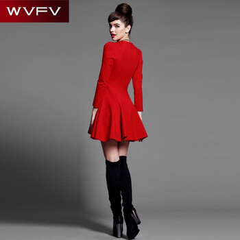 WVFV2016春装新款欧美气质红色性感V领泡泡袖收腰显瘦大摆连衣裙 Q076510 红色 4 M