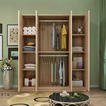 衣柜简约现代经济型组装衣柜木质板式衣橱简易收纳柜子 红檀 4门