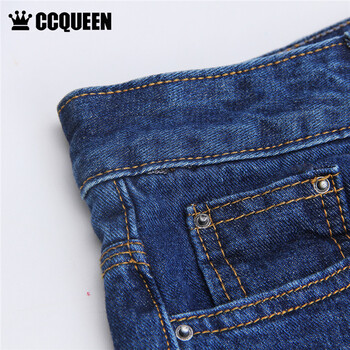 Ccqueen 秋装新款个性街头休闲字母印花图案破洞性感小脚牛仔裤 牛仔深蓝 M