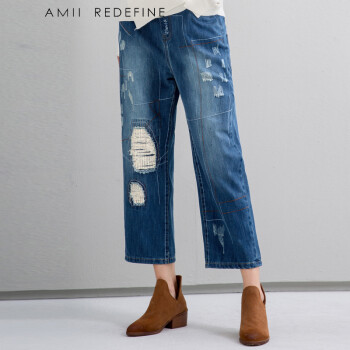 Amii Redefine2015秋冬新宽松绣花磨破棉质大码牛仔裤女61582002 靛蓝 S