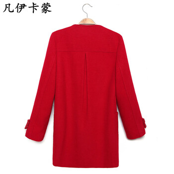 凡伊卡蒙2015秋冬新款呢大衣女韩版修身毛呢外套单排扣中长款毛呢大衣女357 大红色 L