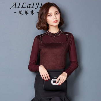 艾莱季2015秋装新款上衣大码仿麂皮绒打底衫女铆钉装饰长袖T恤  红咖色 M