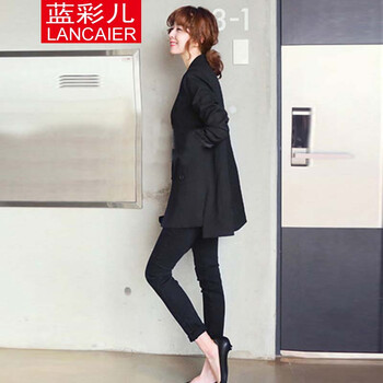蓝彩儿 新款2015秋冬季修身长袖中长款女小西装外套韩版大码小西服潮 黑色 M