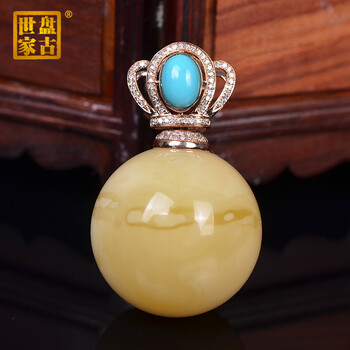 盘古世家天然琥珀蜜蜡18k金镶嵌白蜜龙珠吊坠可送人礼物带有证书