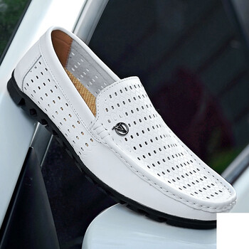 西域骆驼夏季豆豆鞋男真皮镂孔透气驾车鞋防滑一脚蹬潮带孔英伦百搭