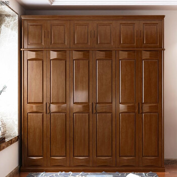 衣柜子新中式橡木大衣橱卧室3/4/5/6门组装储物柜原木质家具 海棠色加