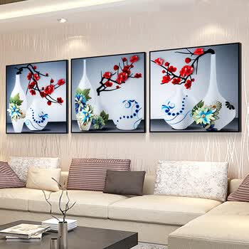 5d钻石画三联画新款青花瓷花瓶客厅餐厅点钻十字绣满钻现代简约