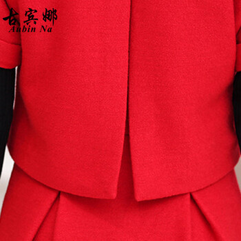 古宾娜 2015秋冬女装时尚休闲拼接两件套套装针织毛呢连衣裙女 008 红衣黑裙 L