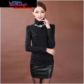 芮婕服装店* 2014加绒加厚保暖高领长袖蕾丝打底衫女秋装上衣2014新款小衫 绿色 XXXL