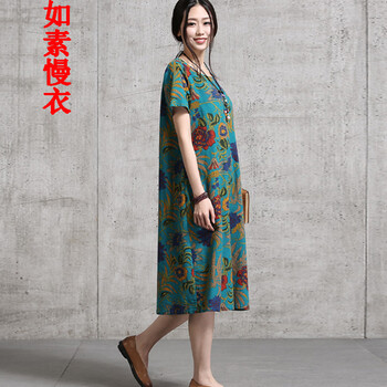 
                                        如素慢衣夏季连衣裙棉麻女装民族风中式花布文艺清新女装裙子3294 绿色55 均码                