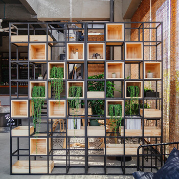 铁艺实木隔断置物架客厅书架货架储物架收纳架工业风格子架落地屏风