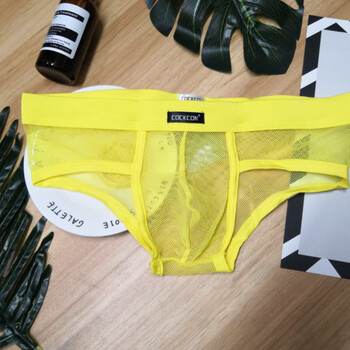 内裤网眼低腰性感诱惑超薄网纱冰丝夏季青年潮漏jj三角裤 146b黄色 xl