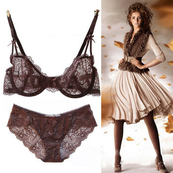 新款欧美文胸情趣蕾丝调整型聚拢内衣文胸套装 咖啡色 85c