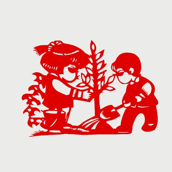 手工窗花儿童幼儿园教学剪纸作品图贴纸画郊游植树 图案b【纸质剪纸】
