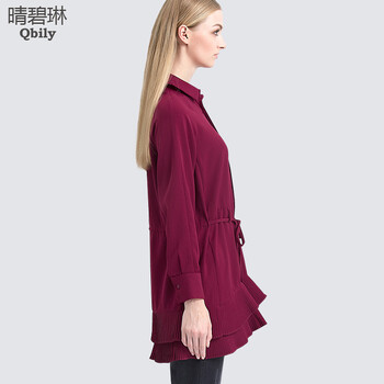 晴碧琳衬衣2015女新款秋装长袖 翻领收腰系带百褶中长款衬衫裙 酒红色 XS