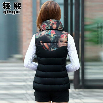 轻熙2015新款棉衣女式马甲短款韩版秋冬连帽显瘦马夹女 黑色 XXL