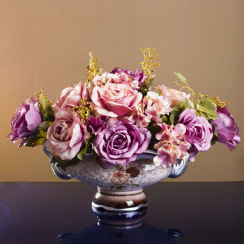 聚满福 欧式花艺套装客厅仿真花装饰摆件餐桌假花插花摆放绢花玫瑰花