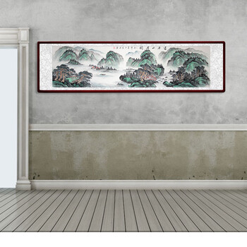 
                                        苏雅字画国画手绘山水画纯手绘字画富春山居图 红褐色实木框配有机玻璃 68x228厘米                