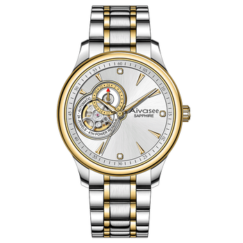 艾华仕手表 全自动防水机械表镂空精钢夜光休闲潮流手表男钢带 白面间