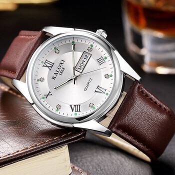 卡罗西 手表 日历星期商务男 石英表 钢带男士腕表 白面皮带6