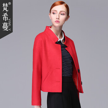 梵希蔓2015年秋冬新款时尚OL立领九分袖羊毛短外套百搭显瘦呢子上衣 66033 大红色 M