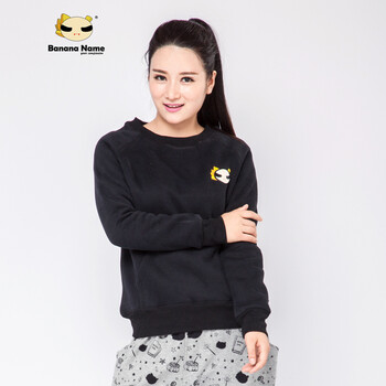 Banana Name卫衣女2015秋装新款时尚休闲长袖加绒圆领套头中长款宽松大码上衣女 黑色 XL