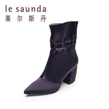 莱尔斯丹 秋冬新款女鞋时尚优雅尖头侧拉链粗跟高跟女短靴LS 9T82003 紫色 PUF 37
