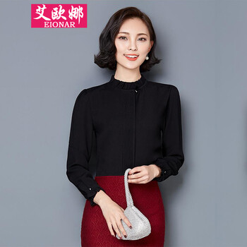 艾欧娜(EIONAR)2016春装新款雪纺衫女装修身时尚小立领长袖衬衫JD71AS22 黑色 M