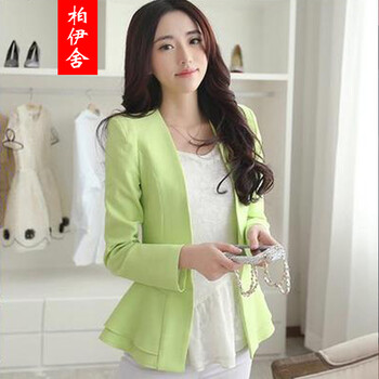 柏伊舍2016秋装新款女装长袖荷叶边小西服韩版修身小西装外套女8271 嫩绿色 XL