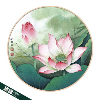 新中式圆形装饰画中国风荷花莲花挂画饭店餐馆酒店墙面装饰玄关画 09