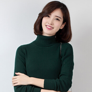 依尚 秋冬装新款羊绒衫女式加厚高领抽条短款套头打底 针织衫 毛衣 墨绿色 S