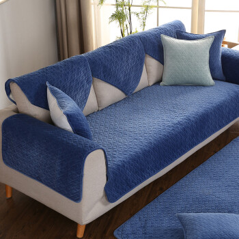 垫布艺欧式四季通用防滑简约现代客厅坐垫夏季毛绒沙发套罩巾 蓝色