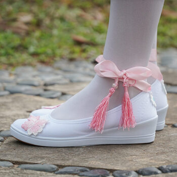 古风改良汉服鞋子女搭配古装学生白色帆布刺绣花平底坡跟绑带cos 粉红
