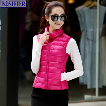 BOSIFIER 2015秋冬羽绒马夹女韩版背心外套短款超轻薄羽绒服坎肩百搭马甲女式羽绒衣 玫红色 S  90斤 - 100斤