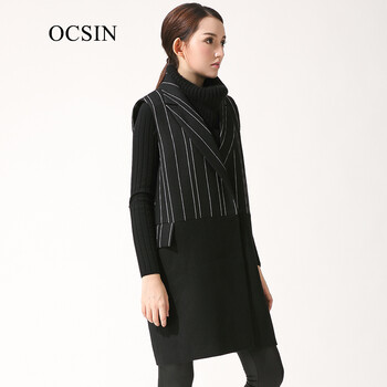 OCSIN偶现马甲女2016秋冬中长款条纹拼接坎肩无袖外套152DY03 黑色 均码