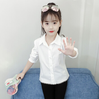 衬衫儿童衬衣2018秋装新品女孩子中大通下摆锯齿纯白纯棉上衣 白色