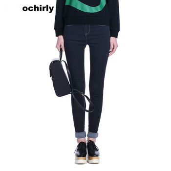 Ochirly欧时力2015新女冬装中腰修身深色小脚牛仔长裤1154060670 深蓝650 L(170/74A)