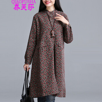 乔芙莎（QIAOFUSHA）2015秋冬加绒加厚立领衬衣中长款长袖棉麻衬衫外套上衣 酒红色 M