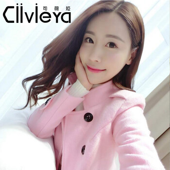 司薇娅ciiveya2015纯色修身双排扣韩版毛呢大衣女中长款妮子外套秋冬季新款女装 粉红色 XL