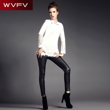 WVFV 2015秋装新款欧美纯白色中长款翻领蕾丝拼接A字白衬衫女 C5540 白色 2 S 预定10天左右